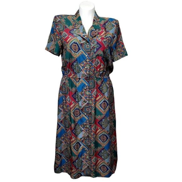 Vintage 80s Leslie Fay 12 Geo Abstract Button Front Shirt Midi Dress - Picture 1 of 10